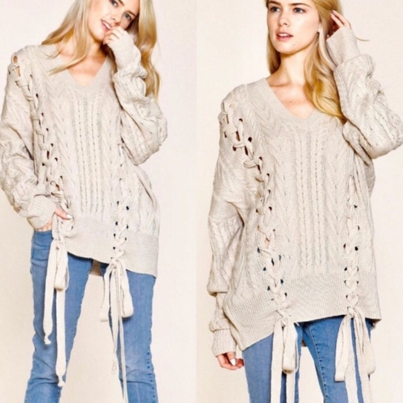 Wool Blend Double Lace Up Cable Knit Sweater Slouchy Boyfriend Fit Size Small - Picture 8 of 8
